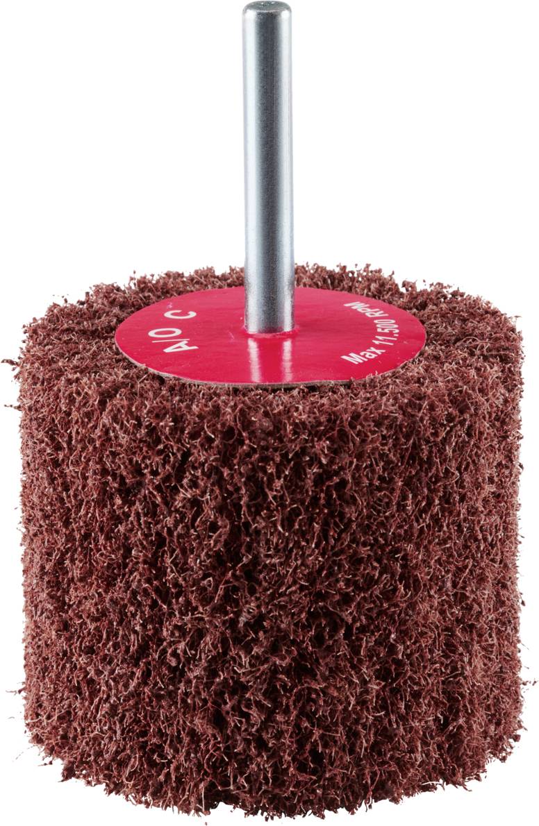 Włóknista tarcza ścierna o kształcie cylindrycznym z metalowym trzpieniem mocującym, odpowiednia do obróbki powierzchni.