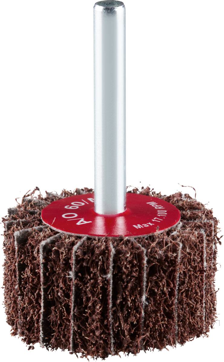 Cylindryczne narzędzie szlifierskie z miedziano-brązowymi lamelkami i srebrnym uchwytem, używane do polerowania lub szlifowania powierzchni.