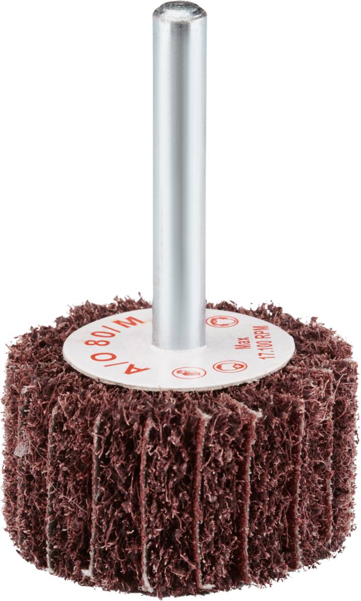 Ściernica ścierna z brązowymi włóknami i srebrnym uchwytem, przeznaczona do zamocowania w narzędziu do polerowania lub szlifowania.