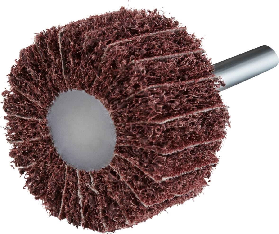 Szczotka walcowa wykonana z materiału ściernego z metalowym uchwytem, stosowana do obróbki powierzchni.