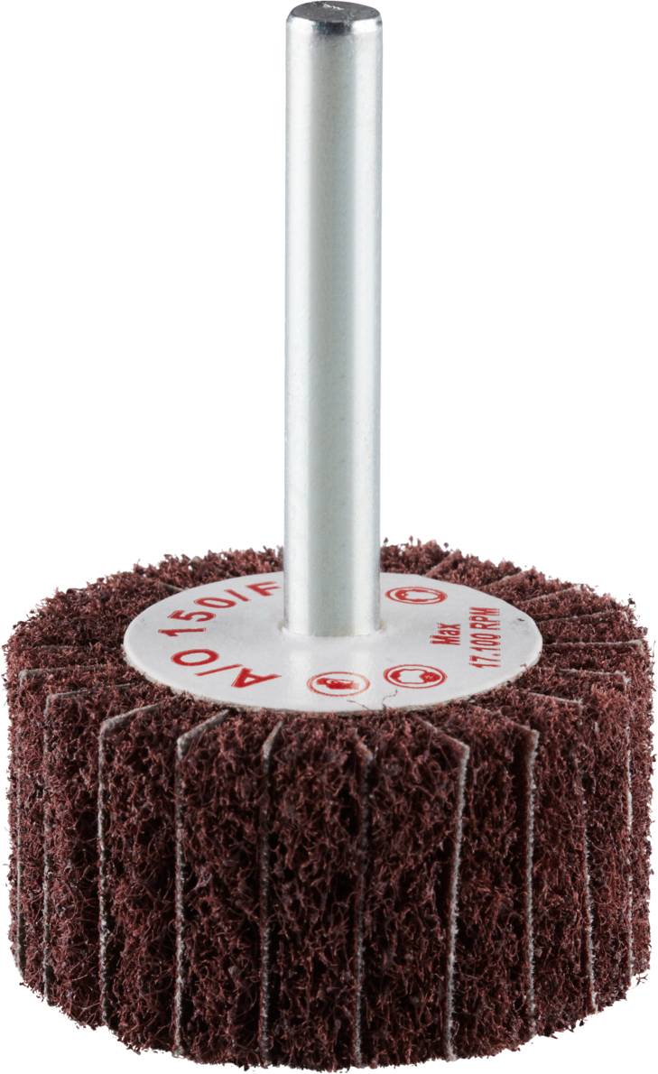 Brązowa tarcza szlifierska z metalowym trzpieniem do wiertarek, okrągła o strukturze wachlarzowej do obróbki powierzchni.