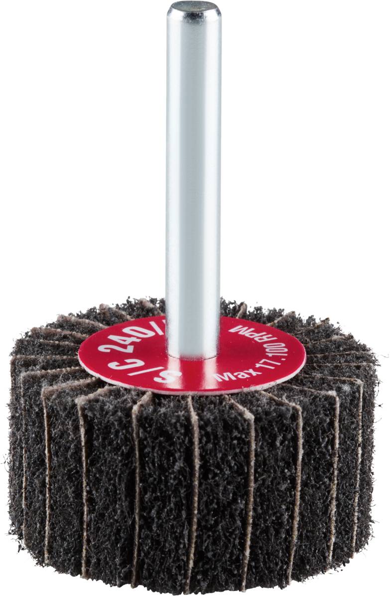 Nakładka szlifierska z pędzlem cylindrycznym i metalowym uchwytem, przeznaczona do użycia w wiertarkach do obróbki powierzchni i krawędzi.