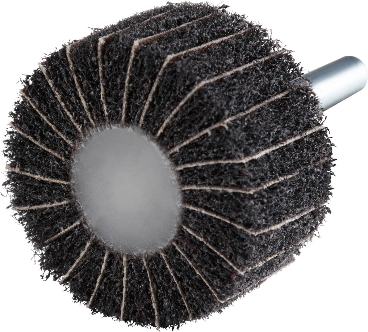Okrągła szczotka z włosiem wykonanym z materiału ściernego, zamontowana na metalowym pręcie, przeznaczona do prac szlifierskich i polerskich.