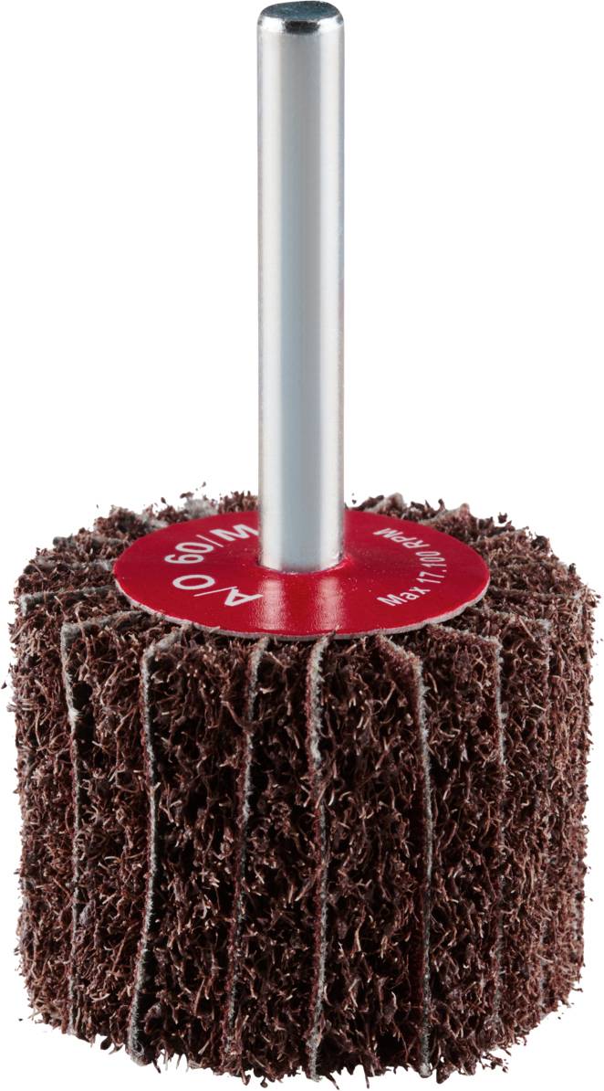 Czerwonobrązowy nasadka szlifierska z włosiem i metalowym trzpieniem mocującym, stosowana do obróbki powierzchni w warsztatach.