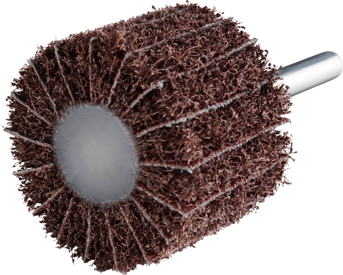 Czerwonobrązowy nakładka ścierna z metalowym prętem, ukształtowana cylindrycznie, jest używana do polerowania powierzchni.