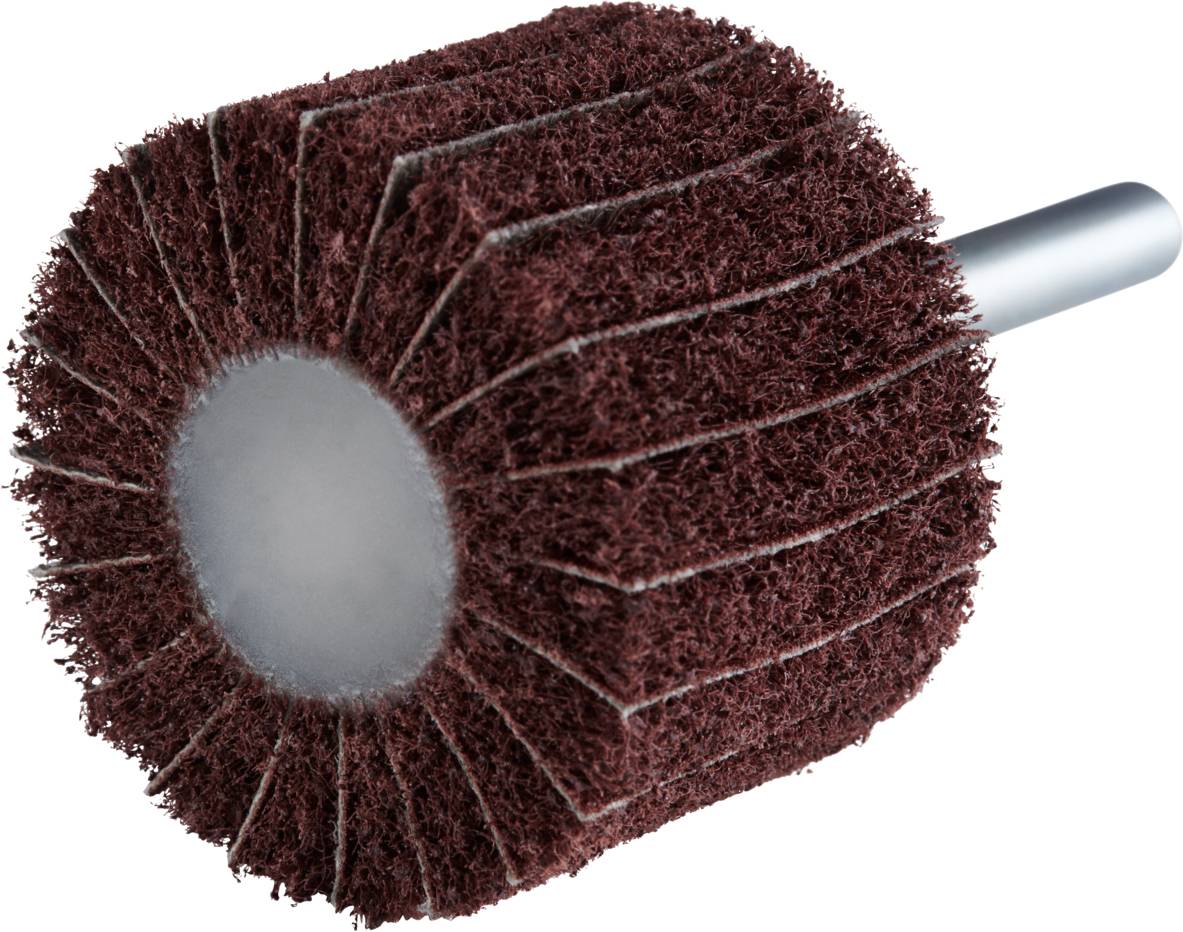 Nakładka szlifierska w kształcie cylindra z brązowymi, teksturowanymi lamelkami, zamocowana na metalowym trzpieniu.