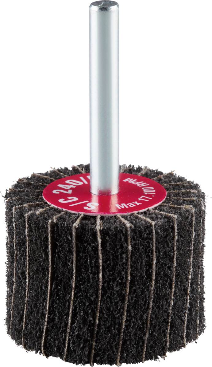 Nasadka szlifierska z czarnym włókniną ścierną i metalowym trzonkiem, odpowiednia do wiertarek, przeznaczona do obróbki powierzchni i wykańczającego szlifowania.