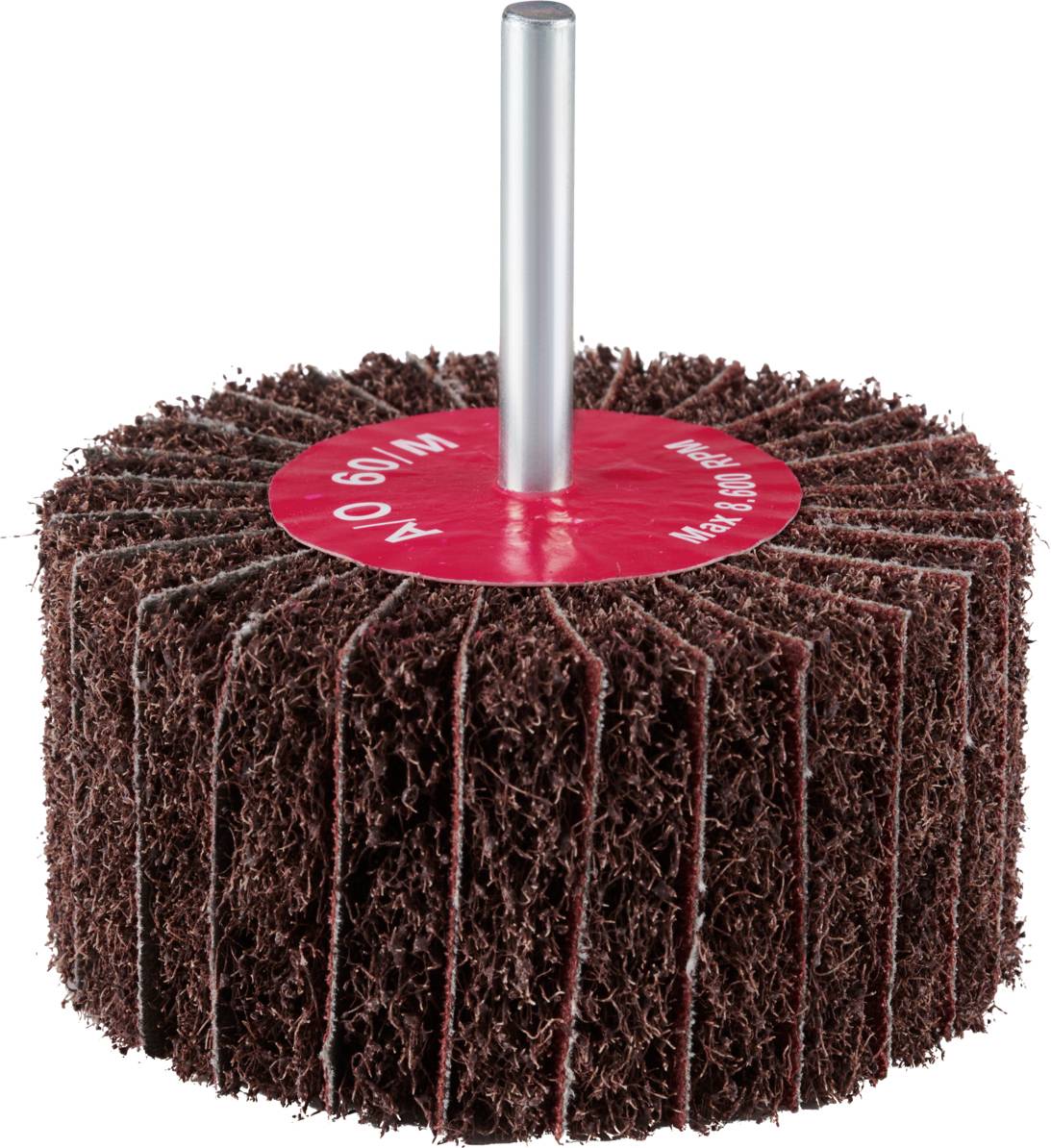 Okrągła tarcza szlifierska z czerwoną podstawą i metalowym trzpieniem, używana do wygładzania powierzchni w pracach rzemieślniczych.