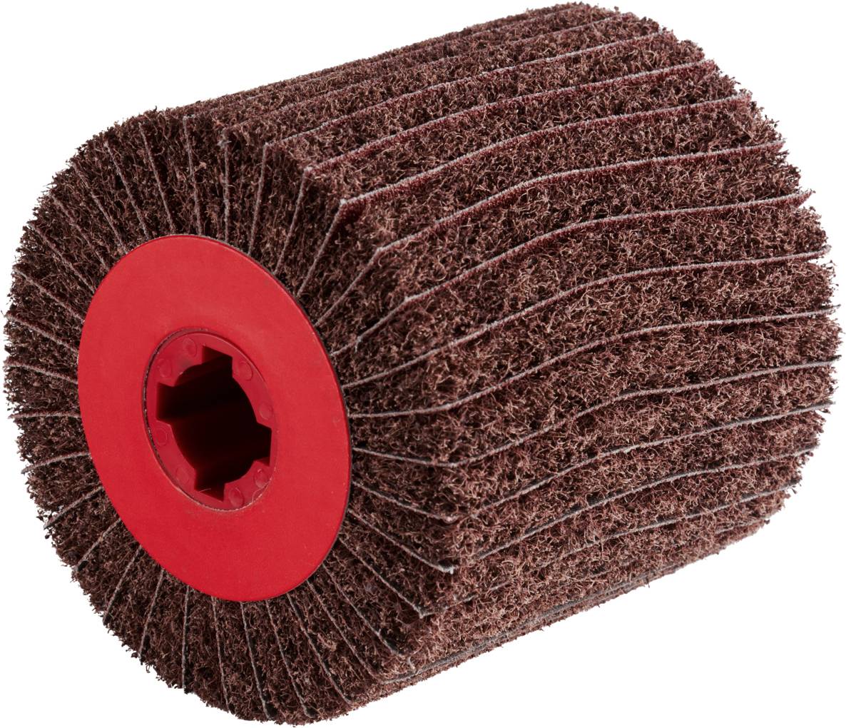 Brązowa ściernica z czerwonym plastikowym rdzeniem, używana do usuwania zadziorów lub polerowania powierzchni.