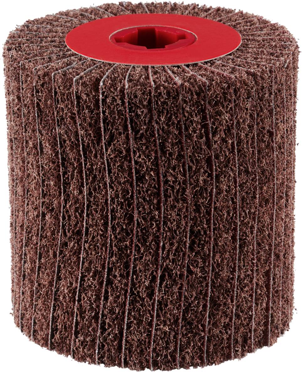 Cylindryczny wałek szlifierski z czerwonym uchwytem i brązową powierzchnią ścierną, typowy dla prac szlifierskich na metalu lub drewnie.