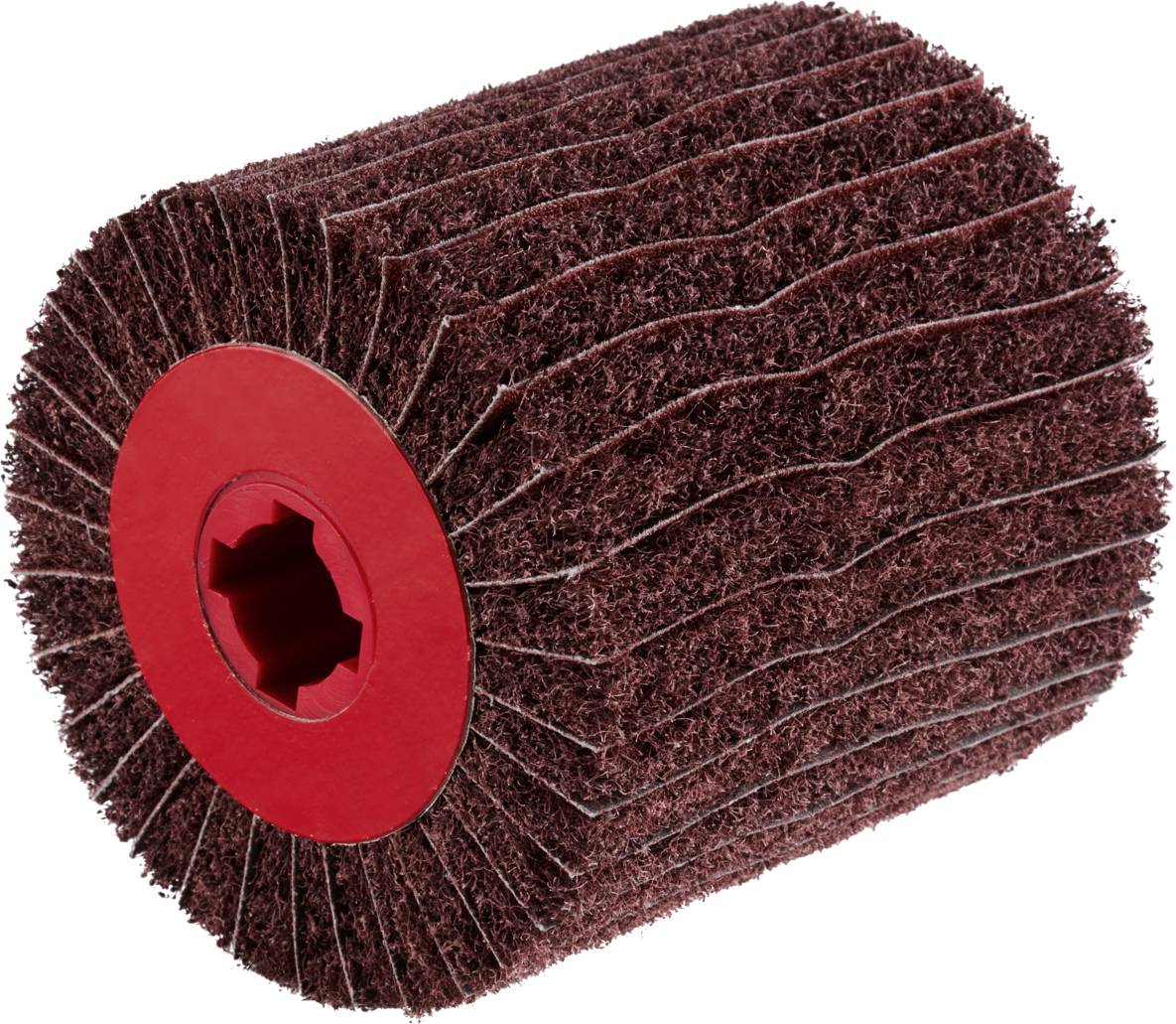 Pokazano czerwoną walcową szczotkę ze szorstką, promieniście ułożoną szczeciną. Jest cylindryczna i stabilizuje obróbkę powierzchni.