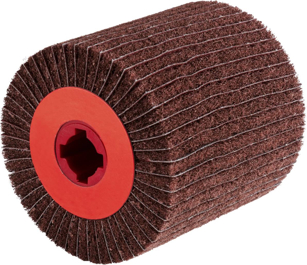 Czerwono-środkowy wałek szlifierski w kształcie walca o szorstkiej strukturze, przeznaczony do szlifowania powierzchni drewna lub metalu.