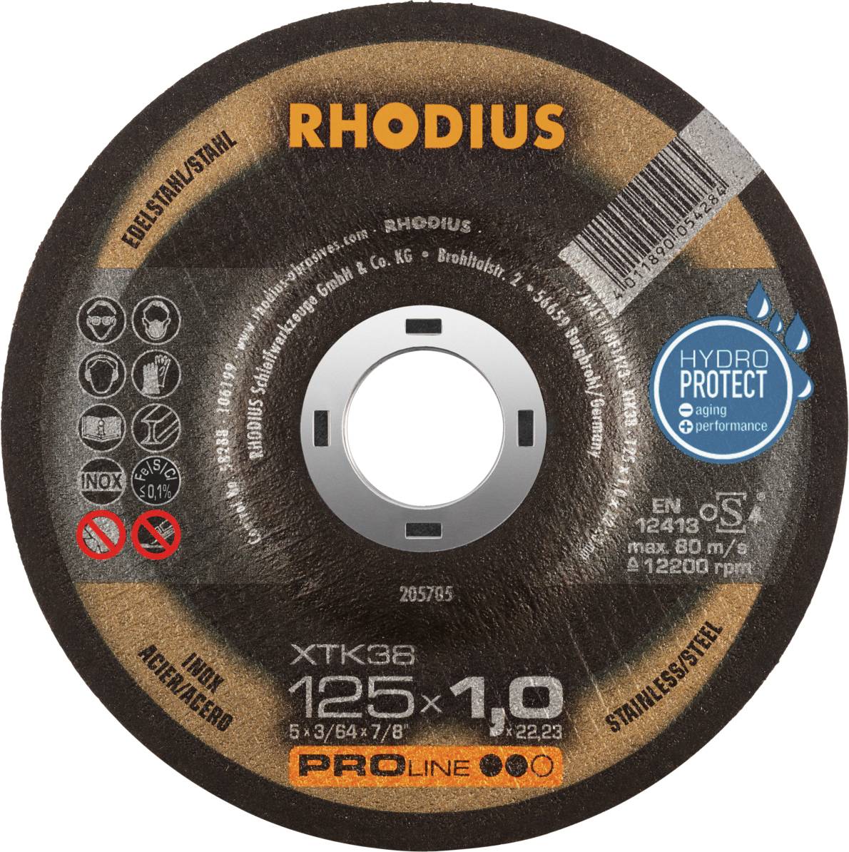 'Powierzchnia tarczy tnącej RHODIUS z powłoką HydroProtect do stali nierdzewnej. Średnica: 125 mm, grubość: 1,0 mm.'