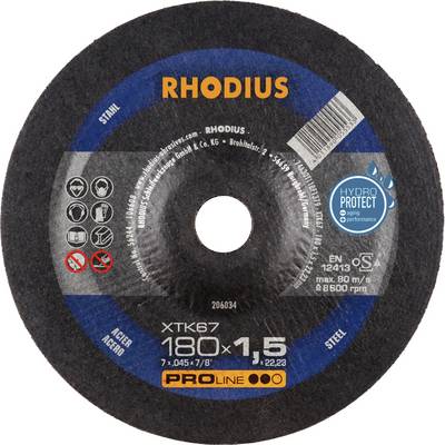Okrągła tarcza tnąca z napisem 'RHODIUS', przeznaczona do cięcia stali, o średnicy 180 mm i grubości 1,5 mm.
