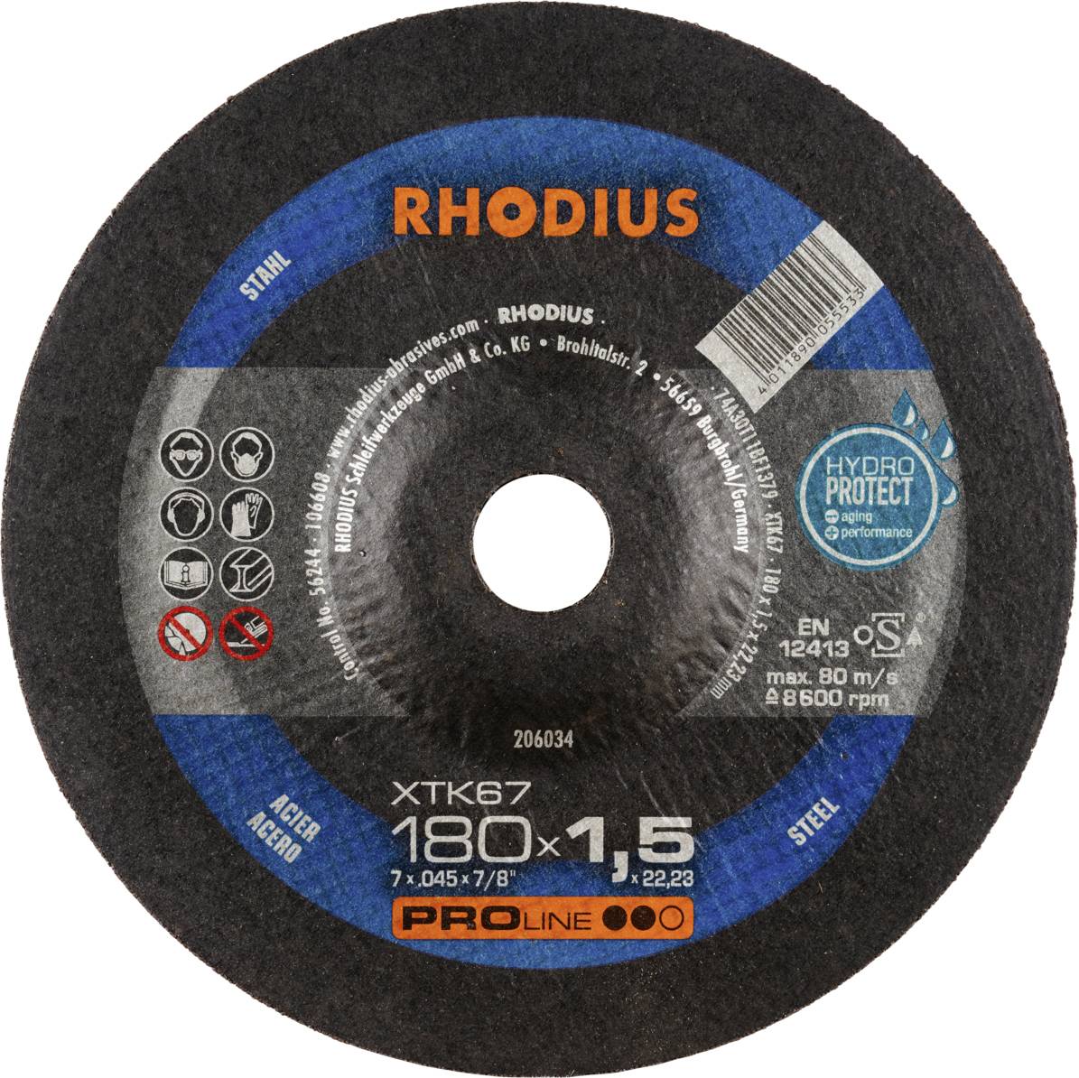 Tarcza ścierna 'RHODIUS', XTK6 7, średnica 180 mm, grubość 1,5 mm, odpowiednia do stali i stali nierdzewnej, maks. 80 m/s i 8.500 obr./min, HydroProtect.