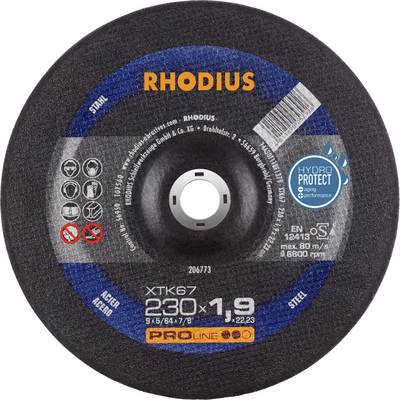 Tarcza ścierna Rhodius, model XTK67, 230 mm, do stali, z technologią HydroProtect. Maksymalna prędkość obrotowa 80 m/s, 6600 obr./min.