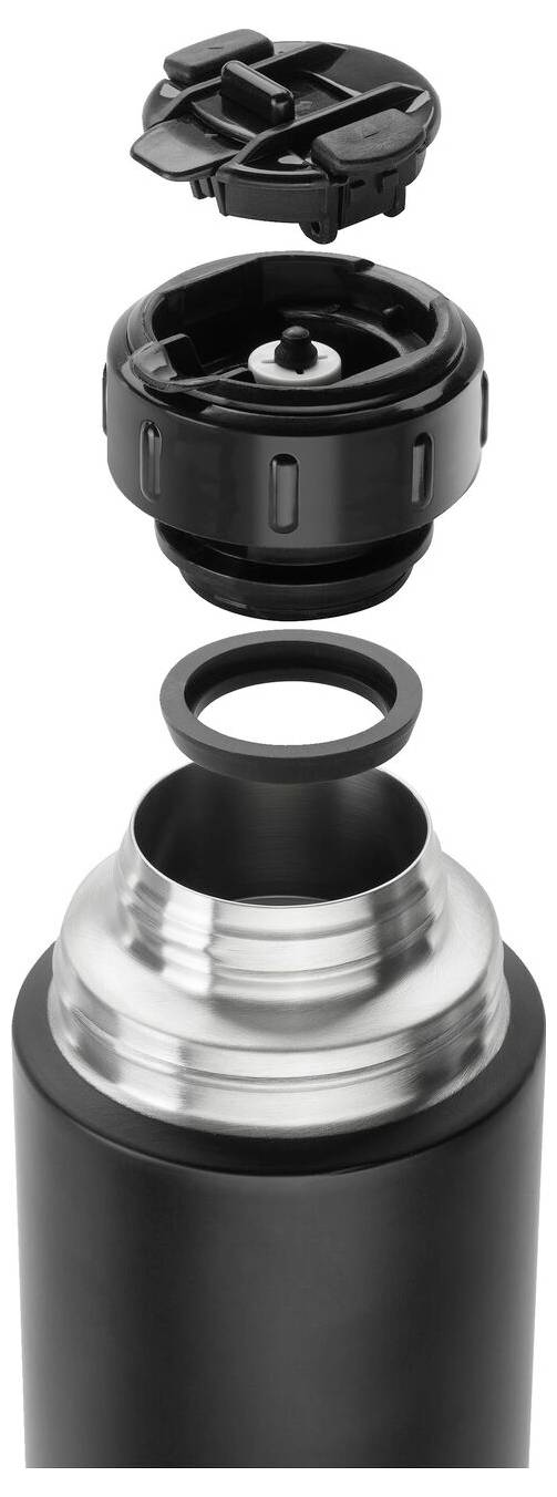 Czarny kubek termiczny z rozebranym wieczkiem, pierścieniem uszczelniającym i izolacją, prezentuje komponenty termosu.