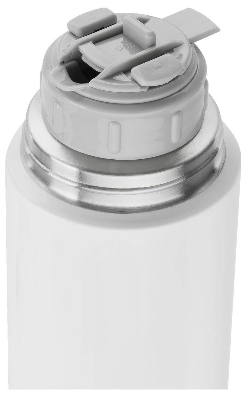 Szara termosflaszka z pokrywką i mechanizmem zamykającym, idealna do utrzymywania napojów w teście lub zimnie podczas podróży.