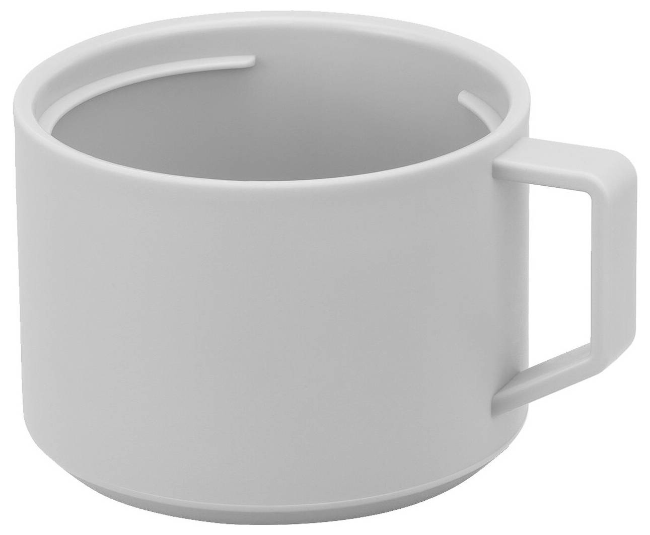 Szara, okrągła filiżanka z tworzywa sztucznego z prostokątnym uchwytem na białym tle.