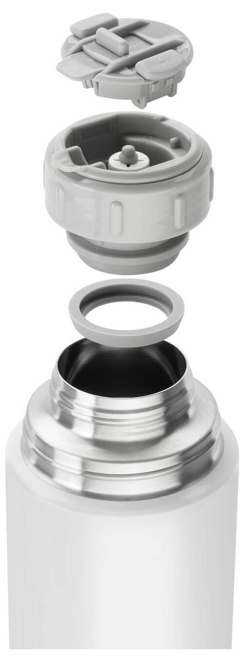 Diagram kubka termicznego przedstawia osobne komponenty: pokrywkę, zamknięcie, pierścień uszczelniający i butelkę. Ilustruje montaż.