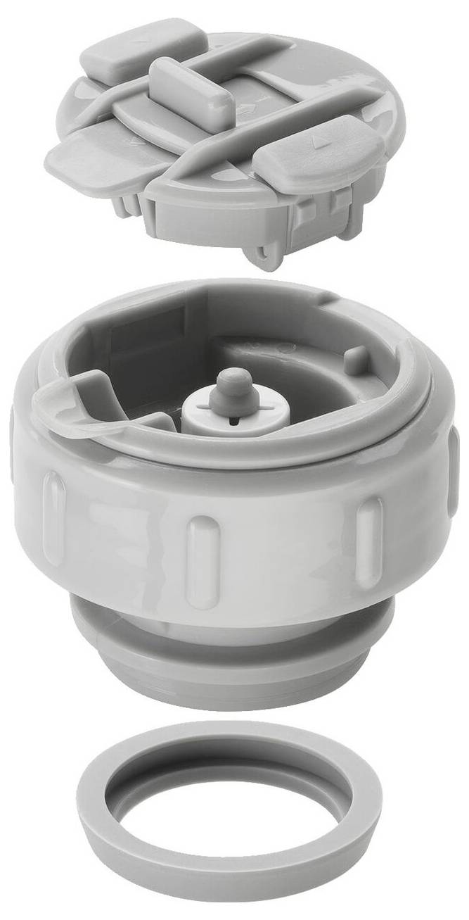 Szara część zamienna do zmywarki, składająca się z koła, pokrywy i uszczelki, przeznaczona do montażu w koszu zmywarki.