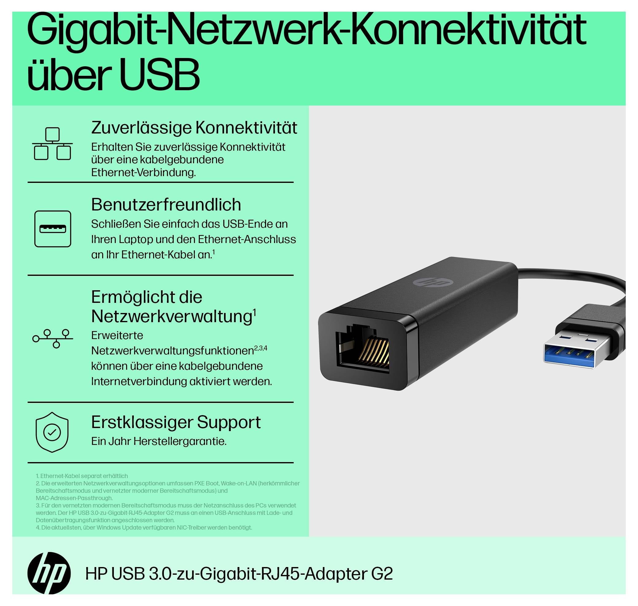 Адаптер HP USB 3.2 Gen 1 (USB 3.0), RJ45 [1x USB Type-A чоловічий роз'єм - 1x RJ45 жіночий роз'єм] USB-A - RJ45 адаптер G2 0,1 м