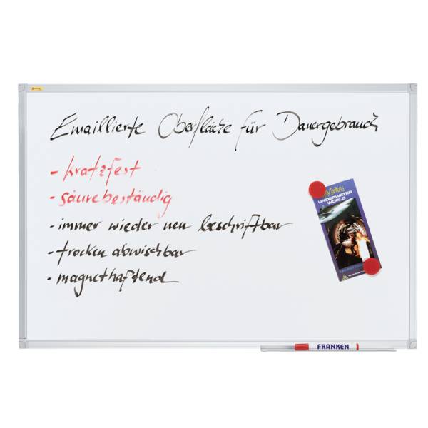 Tablica z napisem 'Emaliowana powierzchnia do długotrwałego użytku' oraz punktami:<br>- odporna na zarysowania<br>- odporna na kwasy<br>- wielokrotnie możliwa do ponownego zapisania<br>- można zetrzeć na sucho<br>- magnetyczna