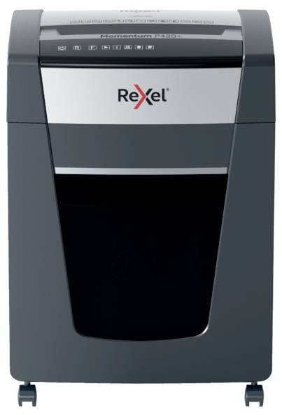 Szara niszczarka dokumentów marki Rexel; wydajna i mobilna na kółkach, odpowiednia do niszczenia poufnych dokumentów w biurach.