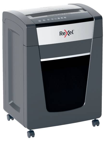 Niszczarka biurowa marki Rexel, na kółkach, w kolorze czarno-srebrnym. Główna funkcja: niszczenie dokumentów.