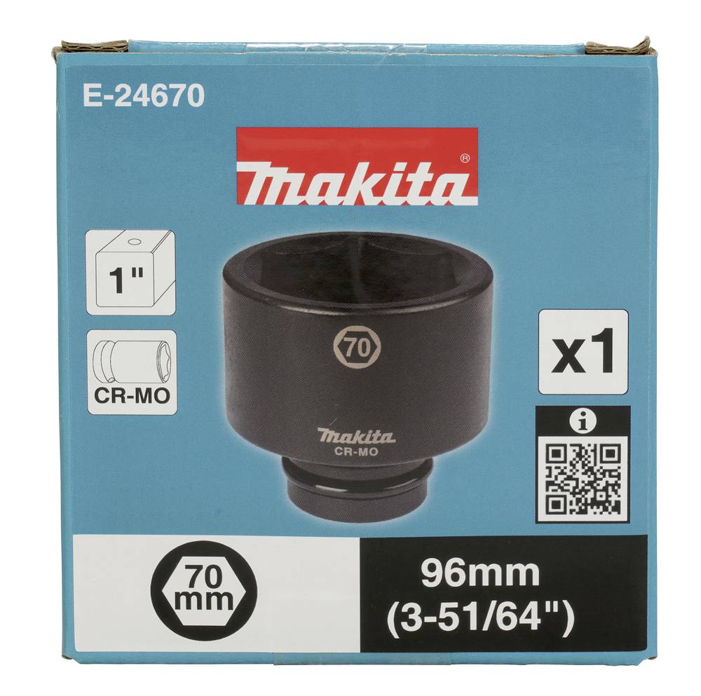 Niebieskie pudełko z logo 'Makita' zawiera gniazdko o średnicy 70 mm (3-51/64"). Numer produktu: E-24670, przeznaczone do napędu 1-calowego.