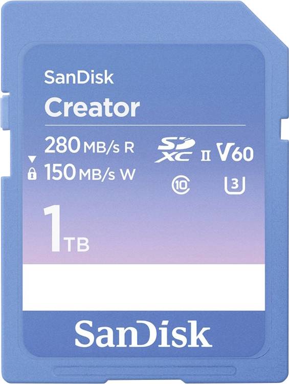 Новий продукт SanDisk Creator SDXC 1 ТБ Клас 10, клас швидкості відео v60, UHS-II U3 Захист кабелю перемикачом