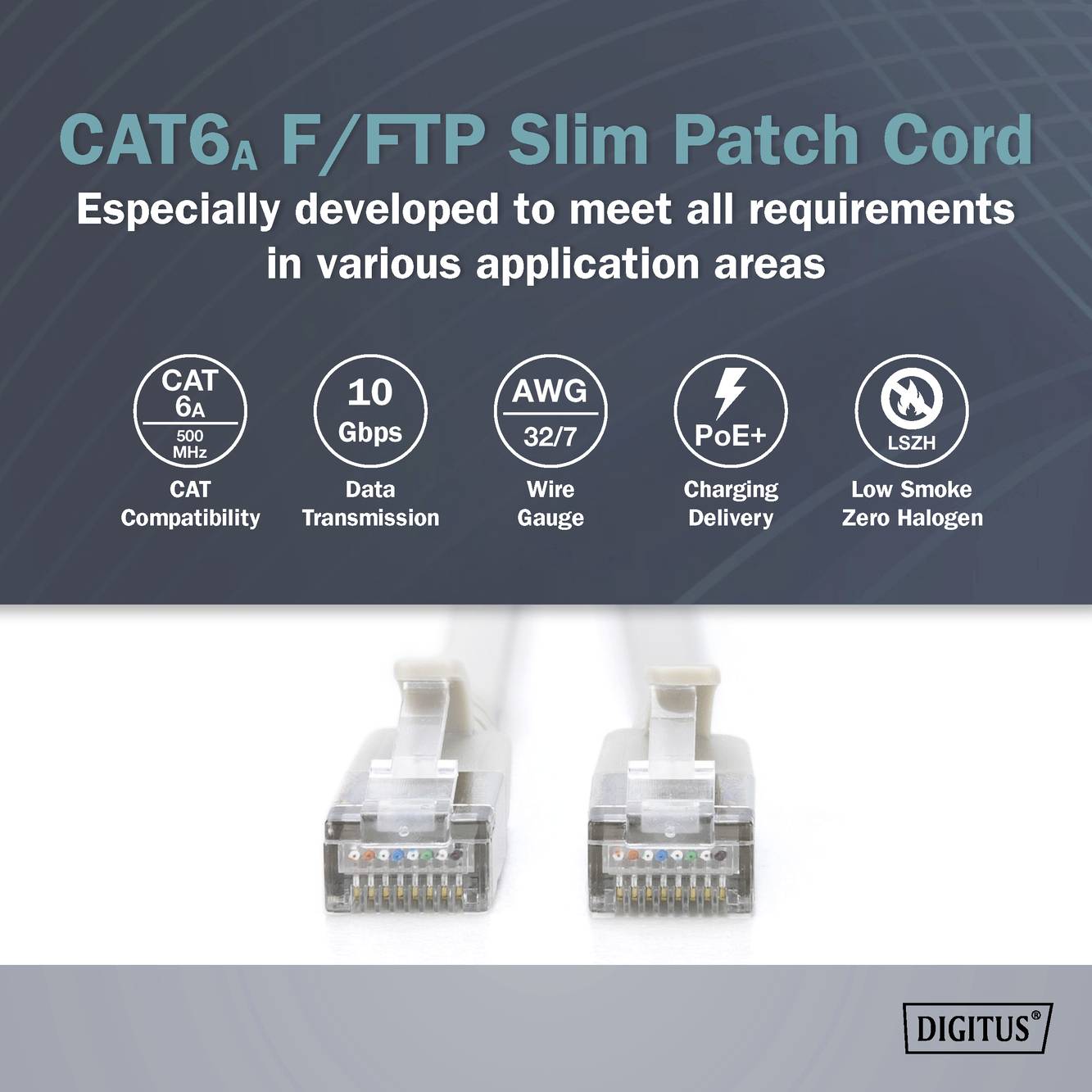 Kabel sieciowe CAT6A F/FTP Slim do zastosowań. Cechy: 10 Gbps, AWG 32/7, PoE+, kompatybilność z CAT 6A, niska emisja dymu i wolne od halogenu.