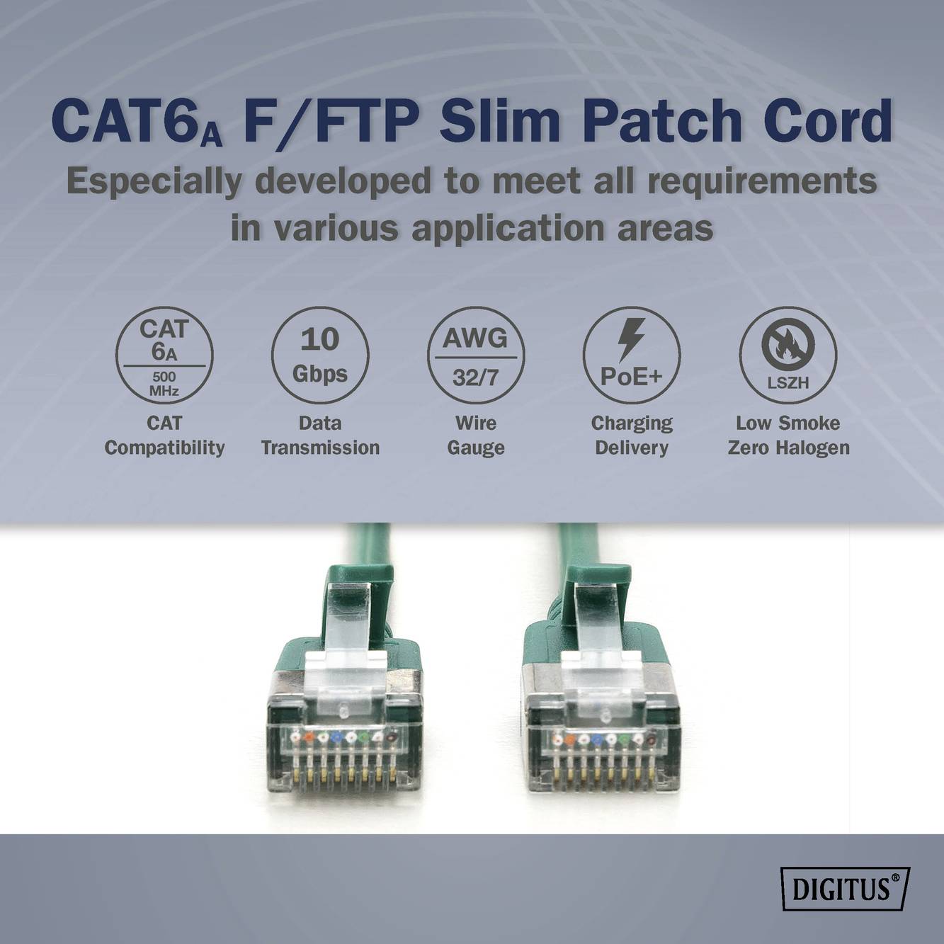 Kabel sieciowe CAT6A F/FTP Slim Patch Cord o następujących właściwościach: kompatybilność z kategorią CAT, transmisja danych 10 Gbps, przewód AWG 32/7, PoE+, powłoka LSZH.