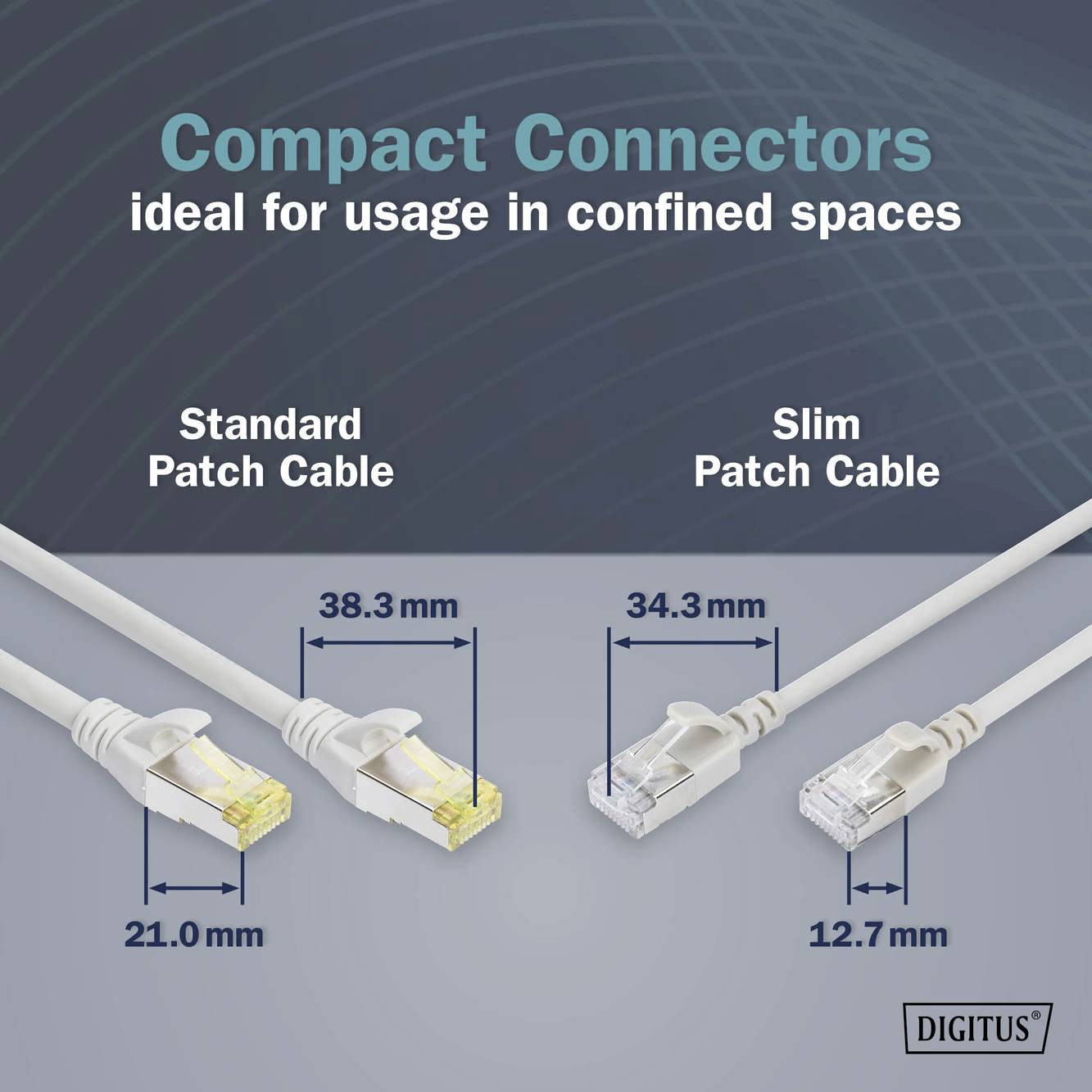 Zwarte złącza idealne do użycia w ciasnych przestrzeniach. Rysunek przedstawia dwa kable krosowe: standardowy (38,3 mm) i slim (34,3 mm) z podaną szerokością.
