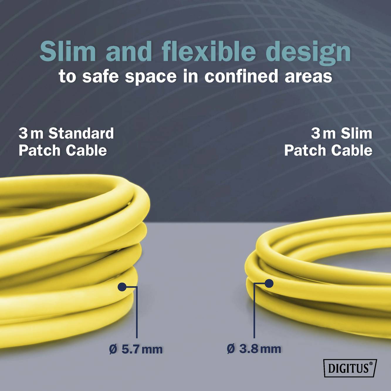 Kabel sieciowe '3 m Standard Patch Cable' (Ø 5,7 mm) i '3 m Slim Patch Cable' (Ø 3,8 mm) w porównaniu. Tekst: 'Smukła i elastyczna konstrukcja'.
