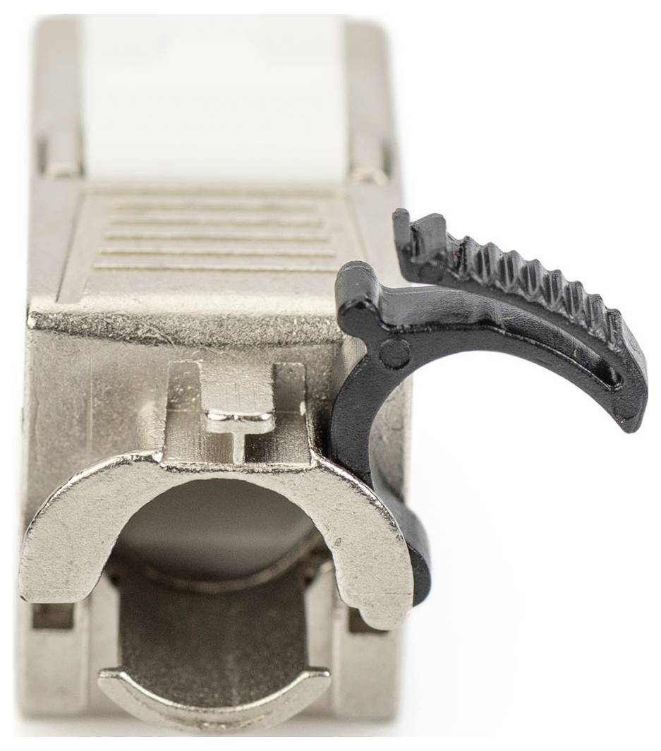 Metalowy adapter z czarnym zaciskiem, prawdopodobnie przeznaczony do połączeń kablowych. Uwaga skupiona na mechanizmie blokującym.