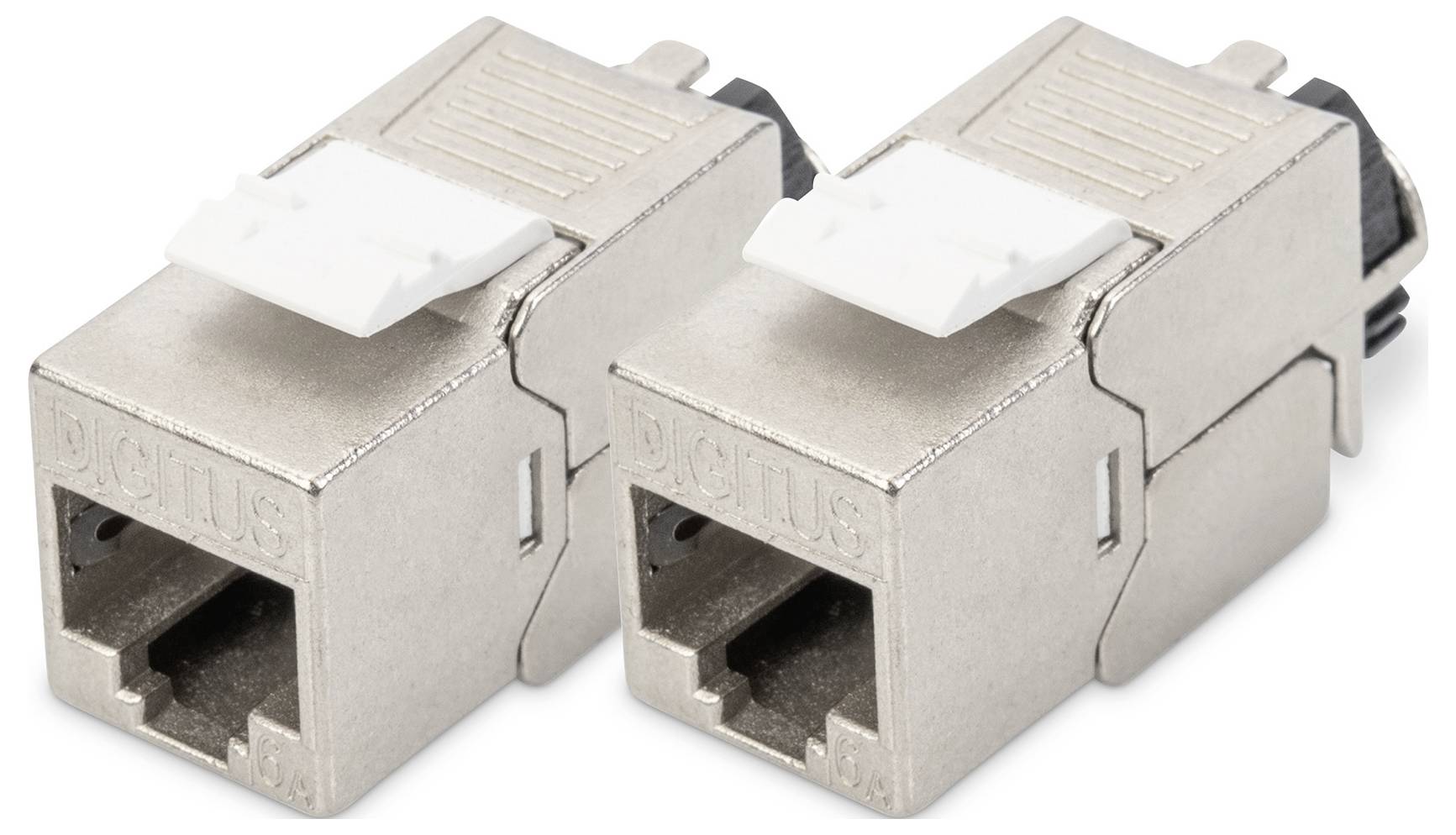 Metalowe moduły Keystone, odpowiednie do połączeń sieciowych. Dwa moduły obok siebie, stabilne i wytrzymałe, idealne do transmisji danych.