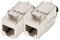 Dwa srebrne wtyki Ethernet Cat 8 ułożone obok siebie. Są prostokątne i posiadają klapkę chroniącą złącze.
