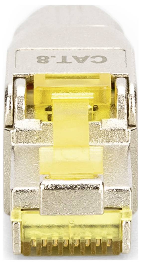 Wtyk Ethernet do okablowania CAT-8 z żółtymi elementami z tworzywa sztucznego i złotą strefą styków, widok z przodu.