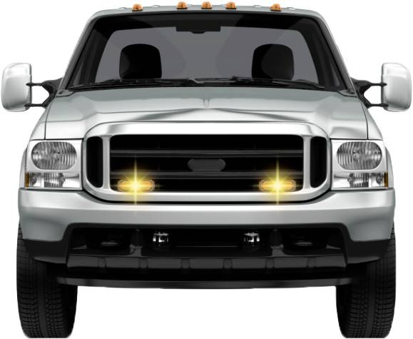 Widok z przodu białej ciężarówki pick-up z pomarańczową belką świetlną podświetloną nad przednią szybą oraz dwoma żółtymi światłami na grillu.