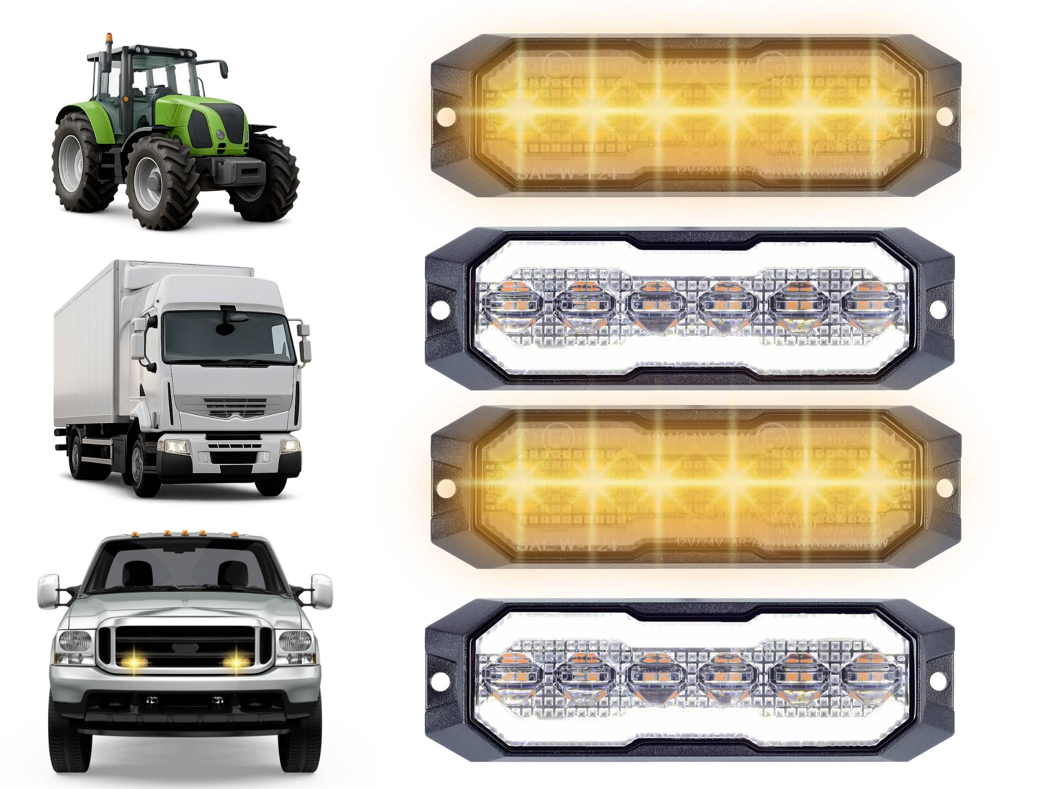 Migające światła stroboskopowe LED w kolorze bursztynowym do pojazdów" przedstawia sześć poziomych świateł w różnych konfiguracjach, z ciągnikiem, ciężarówką i SUV-em w tle.