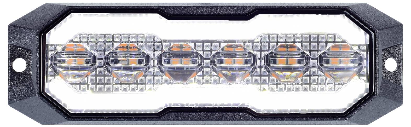 Prostokątna lampa LED z sześcioma okrągłymi żarówkami umieszczonymi w odblaskowej powierzchni, posiadająca kanciastą, czarną ramę.