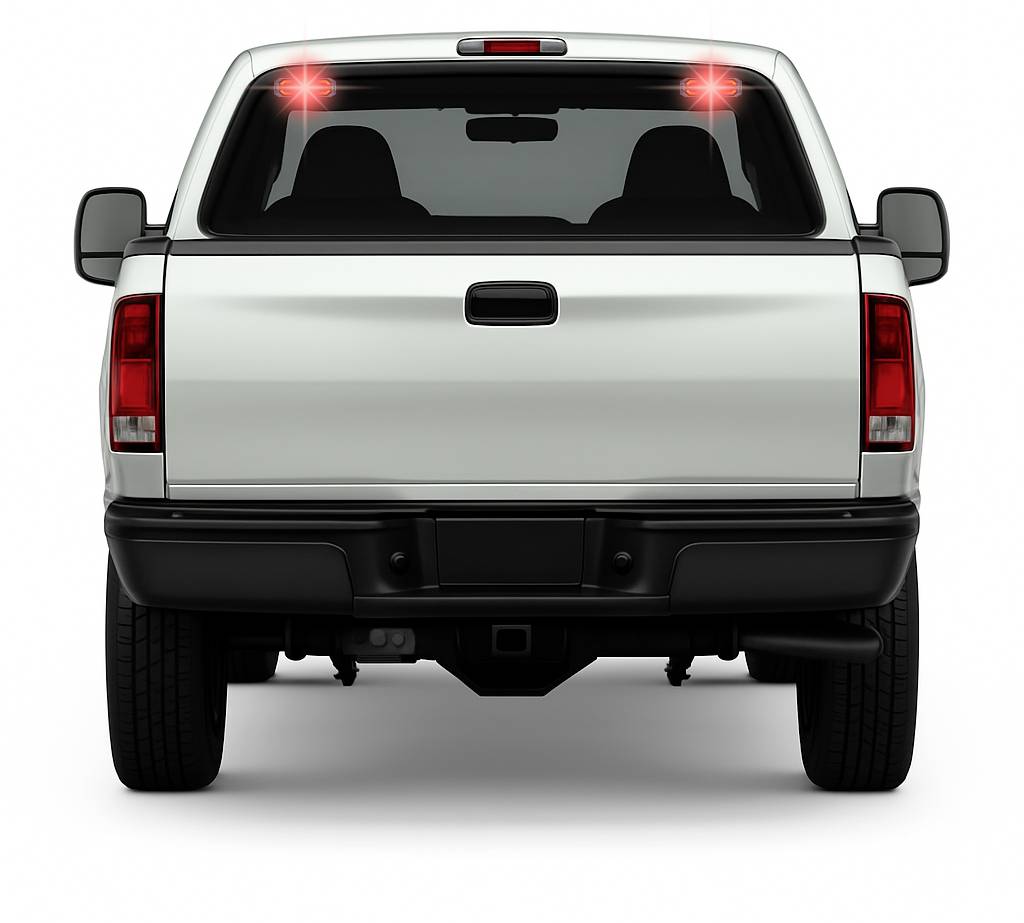 Biały samochód dostawczy widziany od tyłu, z dwoma czerwonymi światłami awaryjnymi migającymi na górze, sygnalizujący ostrzeżenie lub alarm.