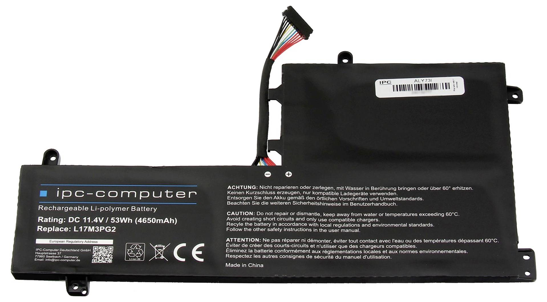 Akumulator z oznaczeniem 'ipc-computer'. 11,4V, 53Wh, 4650mAh. Wskazówki ostrzegawcze w języku angielskim i niemieckim dotyczące prawidłowego użycia.