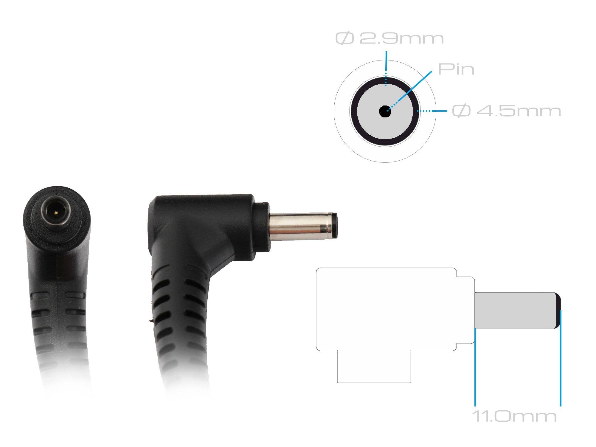 Kabel z wtyczką kątową, widok szczegółowy wymiarów: średnica pinu 2,9 mm, średnica zewnętrzna 4,5 mm, długość 11 mm.