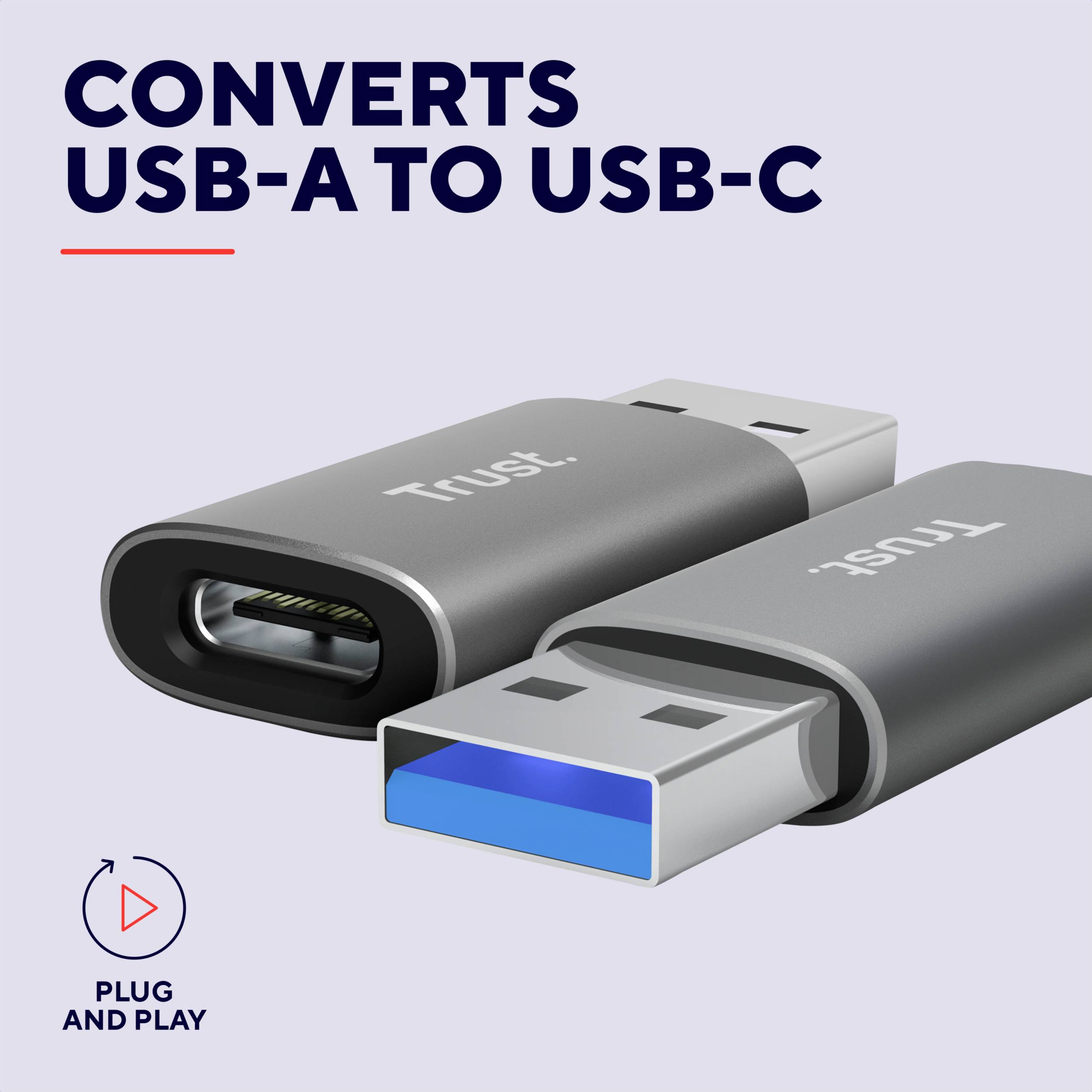 Adapter-przejściówka z USB-A na USB-C, z logo 'Trust'. Tekst: 'ZAMIENIA USB-A NA USB-C'. Symbol wskazuje na 'Plug and Play'.