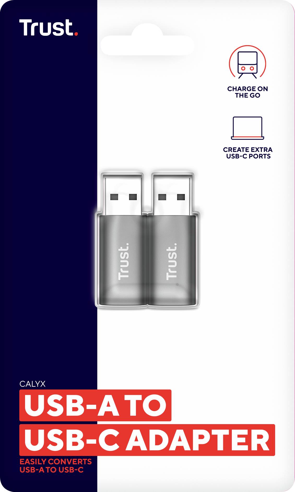 Adapter Trust USB-A na USB-C w opakowaniu. Pokazuje dwa adaptery w opakowaniu blistrowym z grafikami i tekstem instrukcyjnym.