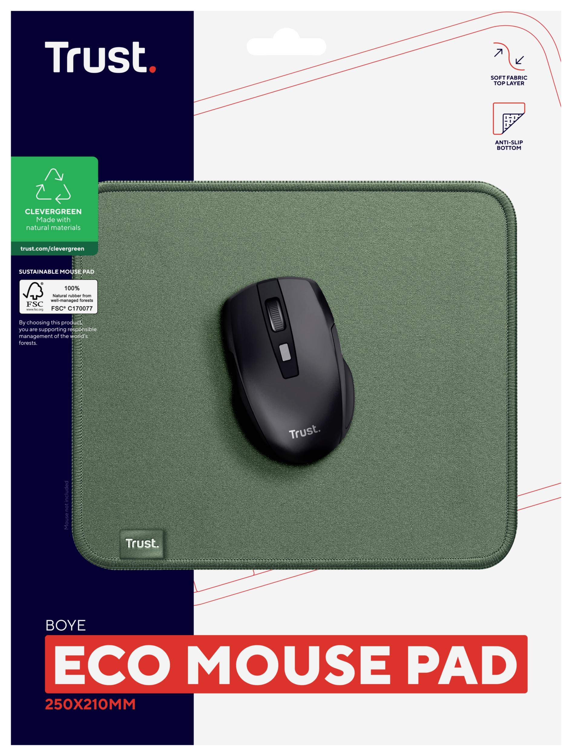 Opakowanie 'Trust Eco Mouse Pad' z zieloną podkładką pod mysz, czarną myszą i informacjami dotyczącymi ekologicznego procesu produkcji.