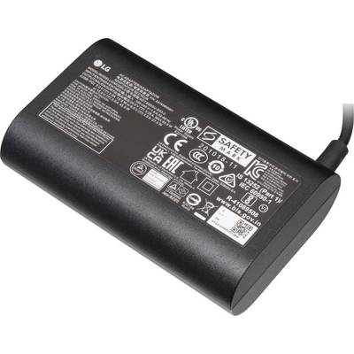 Czarny zasilacz z wieloma certyfikatami i danymi technicznymi na wierzchniej stronie. Służy do zasilania urządzeń elektronicznych.