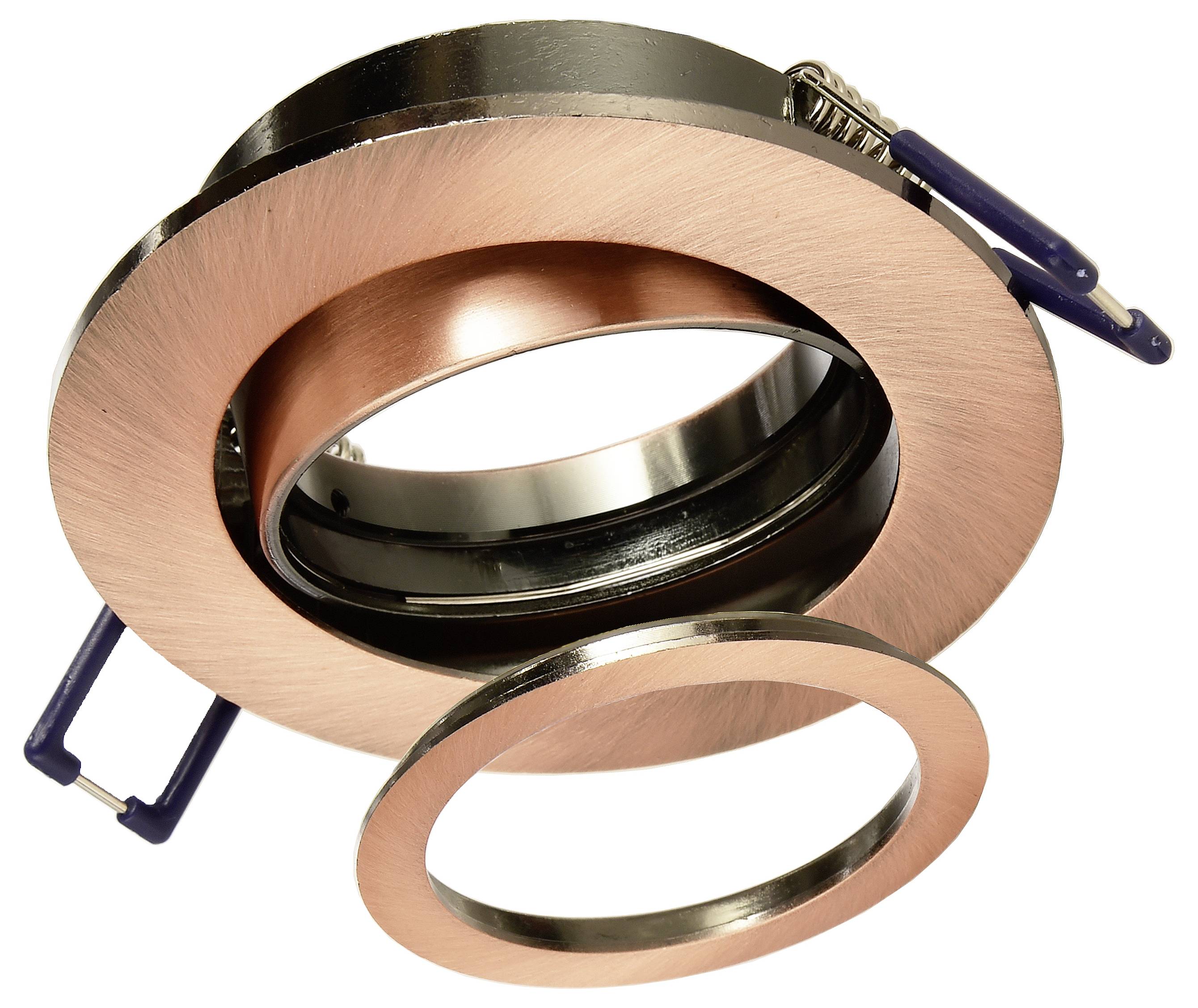 Okrągła metalowa wkładka z miedzianym pierścieniem i sprężystymi, niebieskimi mocowaniami, prawdopodobnie przeznaczona do zastosowań oświetleniowych.